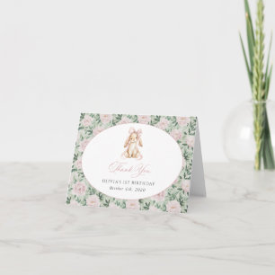 Carte De Remerciements Lapin Mignon, Nœud Rose, Fleurs Roses, Premier Ann