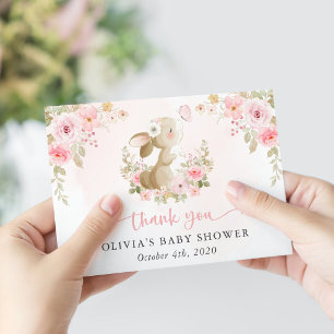Carte De Remerciements Lapin Mignon, Papillon, Fleurs Roses, Baby Shower