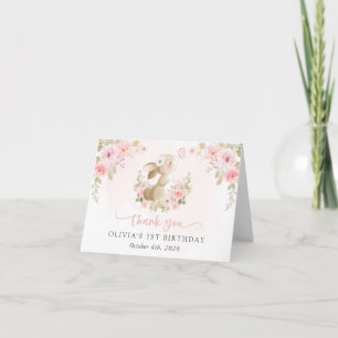 Carte De Remerciements Lapin, Papillon, Fleurs Roses, Premier Anniversair