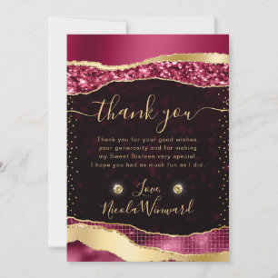 Carte De Remerciements Larmes de glamour bordeaux et or Bokeh Sweet Sixte