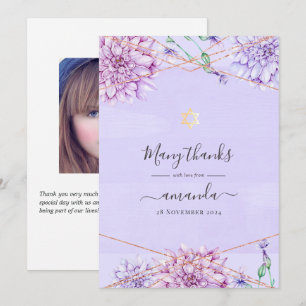 Carte De Remerciements Lavande et Or Floral Géométrique Bat Mitzvah