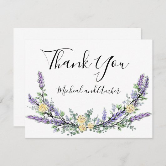 Carte De Remerciements Lavender Eucalyptus jaune roses élégant script (Devant / Derrière)