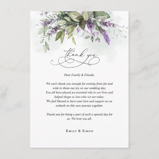 Carte de remerciements Lavender Mariage de script  (Devant)