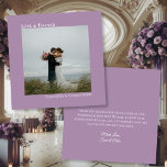Carte De Remerciements Lavender Purple Love Thanks Photo & Note Mariage<br><div class="desc">Cette simple carte de remerciement mariage présente un design minimaliste avec votre photo sur un arrière - plan clair violet ou lavande. La légende justifiée gauche sur le devant indique Love & Thanks, avec vos noms juste justifiés ci-dessous donnant à la carte un look moderne et symétrique. Le verso peut...</div>