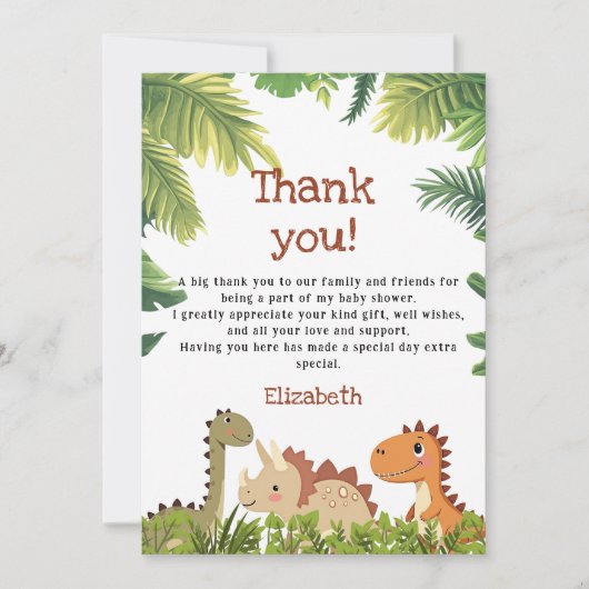 Carte De Remerciements Le Baby shower de verdure de Cute Dinosaur (Devant)