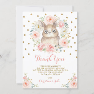 Carte De Remerciements Le lapin Girly rougissent baby shower floral d'or