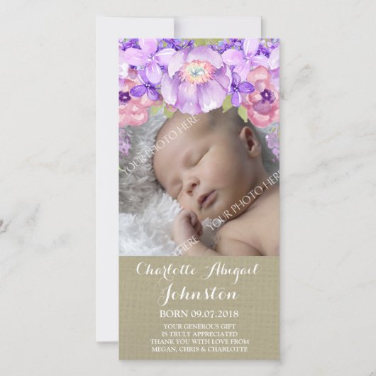 Carte De Remerciements Le pourpre Brown de toile de jute fleurit la (Devant)