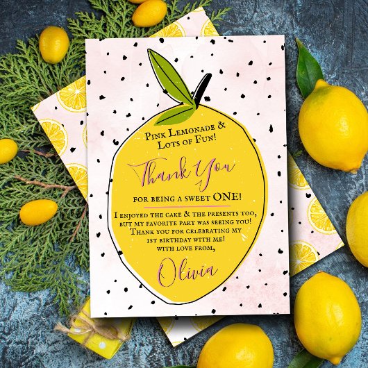 Carte De Remerciements Lemonade rose moderne 1er anniversaire