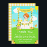 Carte De Remerciements Lemonade Stand Birthday Red Hair Boy<br><div class="desc">Cette carte de remerciements mignonne et fantaisiste est ornée d'un fils à cheveux rouges à la peau claire sur un stand de limonade jaune décoré de fleurs et de bottes. Dans l'arrière - plan est un ciel bleu, soleil et papillons. Le texte combine les polices décoratives et sans serif pour...</div>