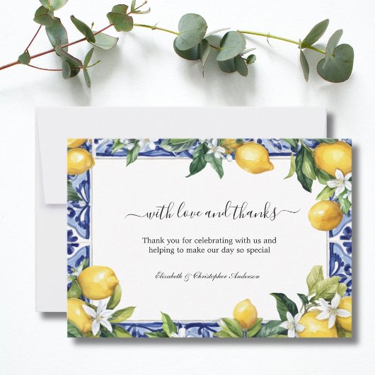 Carte De Remerciements Lemons Blue White Tile Mediterranean Wedding