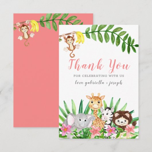 Carte De Remerciements Les animaux de Safari mignons | Douche rose bébé f (Devant / Derrière)