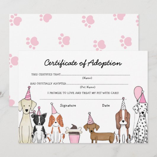 Carte De Remerciements Lets Pawty Adoption Certificate Dog birthday card (Devant / Derrière)