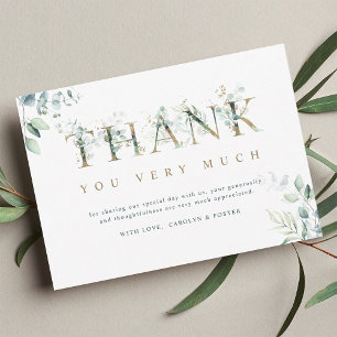 Carte De Remerciements LETTRE BOtanique Eucalyptus OR & Vert