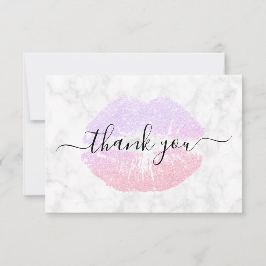 Carte De Remerciements Lèvres rose or & parties scintillant violet marbre (Devant)