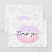 Carte De Remerciements Lèvres rose or & parties scintillant violet marbre (Devant / Derrière)