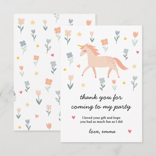 Carte De Remerciements Licorne Douce Fleurie Plate (Devant / Derrière)