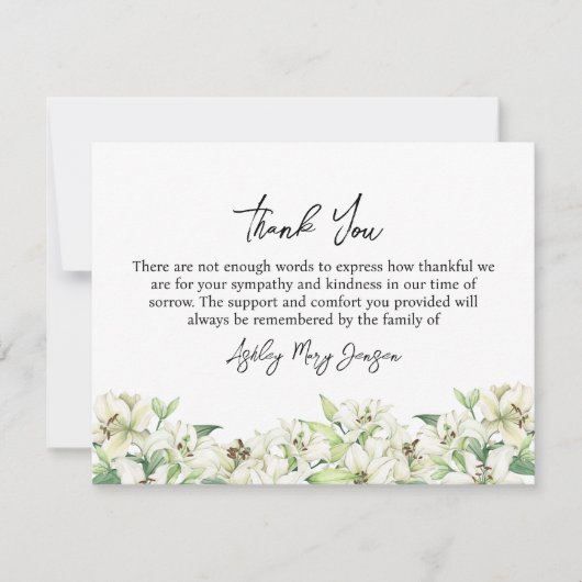Carte De Remerciements Lily Funeral Thank You Note Card Bereavement (Devant)