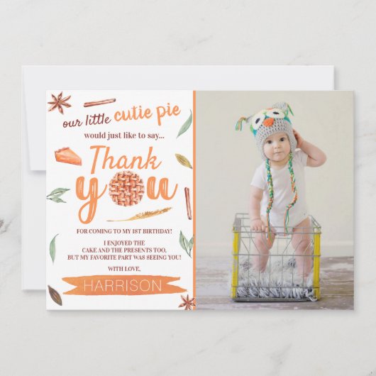 Carte De Remerciements Little Cutie Pie Fall Photo 1er anniversaire (Devant)