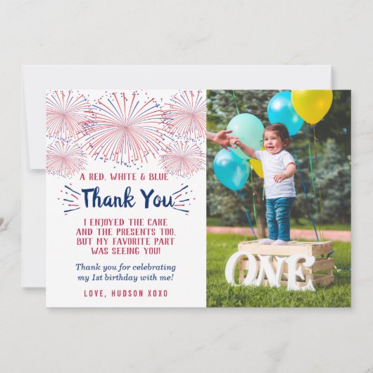 Carte De Remerciements Little Firecracker 4 juillet 1er anniversaire Phot (Devant)