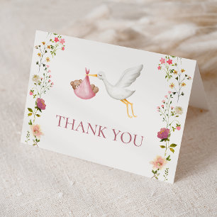 Carte De Remerciements Livraison de la cigogne rose Floral Garden Baby sh