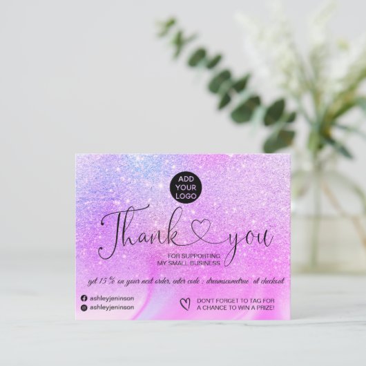 Carte De Remerciements Logo en marbre violet parties scintillant commande (Debout devant)