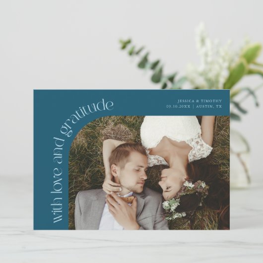 Carte De Remerciements Love and Gratitude Teal Wedding Photo (Debout devant)