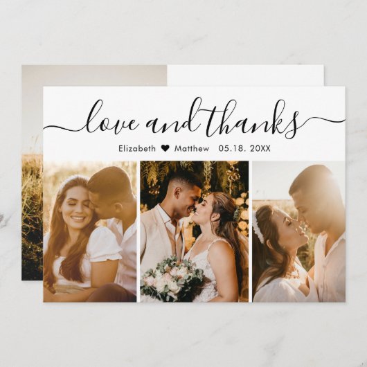 Carte De Remerciements Love and Thanks 3 Photo Collage Mariage (Devant / Derrière)
