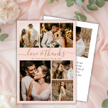 Carte De Remerciements Love and Thanks Blush Photo Collage Mariage<br><div class="desc">Élégant, minimaliste Script Gold et Blush Mariage 5 Photo Collage Merci Cartes. Modèle carte de remerciements mariage moderne avec cinq (5) photos à l'avant et une (1) photo à l'arrière. Avec le texte "Amour et merci" dans une tourbillonnant police de script de typographie en or sur arrière - plan rose...</div>