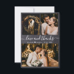 Carte De Remerciements Love and Thanks Chalkboard Mariage Photo<br><div class="desc">Elégant, Rustique, Minimaliste Tableau De Chalage Main Lettré Mariage Carte de remerciements Photo. Élégant modèle mariage avec trois photos sur le devant et une photo sur le dos. Avec le texte "Amour et merci" dans une tourbillonnant police de script de typographie lettrée en blanc sur arrière - plan de tableau...</div>