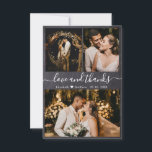Carte De Remerciements Love and Thanks Chalkboard Mariage Photo<br><div class="desc">Elégant, Rustique, Minimaliste Tableau De Chalage Main Lettré Mariage Carte de remerciements Photo. Élégant modèle mariage avec trois photos sur le devant et une photo sur le dos. Avec le texte "Amour et merci" dans une tourbillonnant police de script de typographie lettrée en blanc sur arrière - plan de tableau...</div>