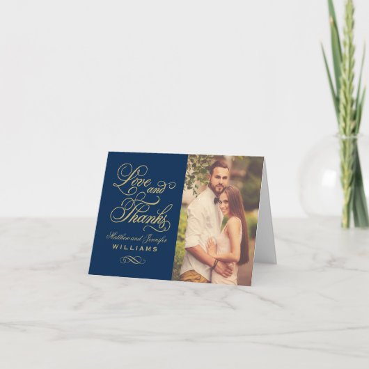 Carte De Remerciements Love and Thanks Gold Script Navy Wedding Photo (Devant)