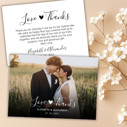 Carte De Remerciements Love and Thanks Heart Script Mariage Photo