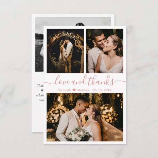 Carte De Remerciements Love and Thanks Rose Gold Script Mariage Photo (Devant / Derrière)