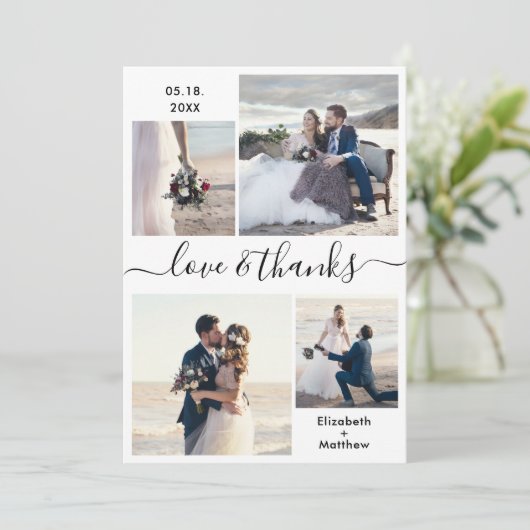 Carte De Remerciements Love and Thanks Script 4 Photo Collage Mariage (Debout devant)