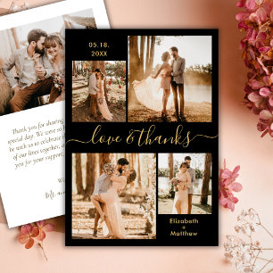 Carte De Remerciements Love and Thanks Script Black Gold Collage Mariage