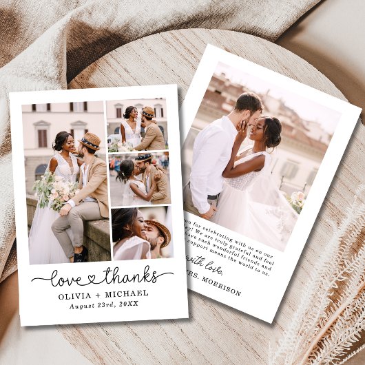Carte De Remerciements Love and Thanks Script Five Photo Collage Mariage