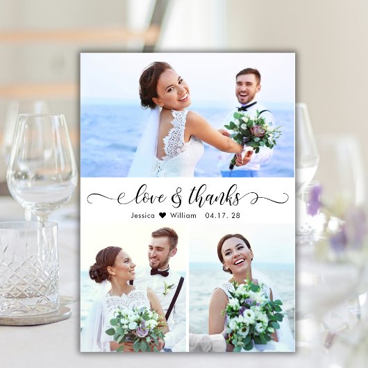 Carte De Remerciements Love and Thanks Script Mariage 3 Photo Collage