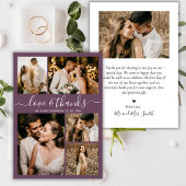 Carte De Remerciements Love and Thanks Script Mauve Photo Collage Mariage