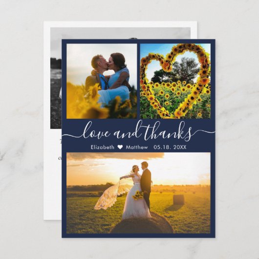 Carte De Remerciements Love and Thanks Script Navy Mariage Photo (Devant / Derrière)