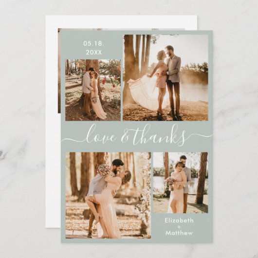 Carte De Remerciements Love and Thanks Script Sage Green Collage Mariage (Devant / Derrière)