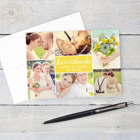 Carte De Remerciements Love and Thanks Yellow Mariage Photo Collage
