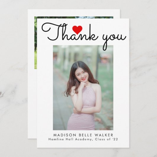 Carte De Remerciements Love Heart Script Classe de 2023 Graduation Photo (Devant / Derrière)