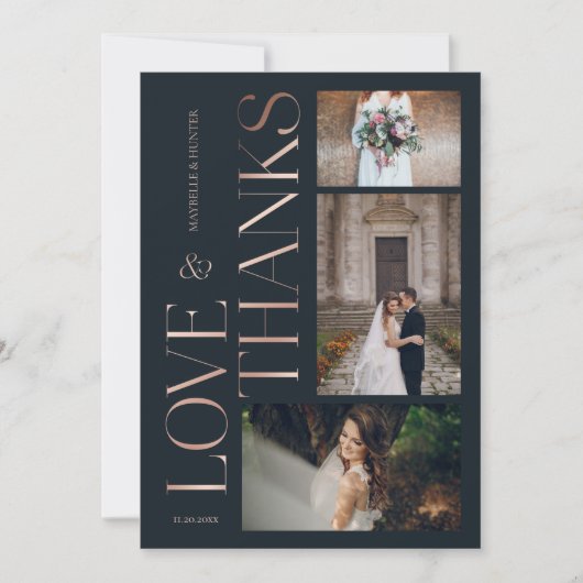 Carte De Remerciements Love & Thanks Classy Marine Rose Gold Mariage Phot (Devant)