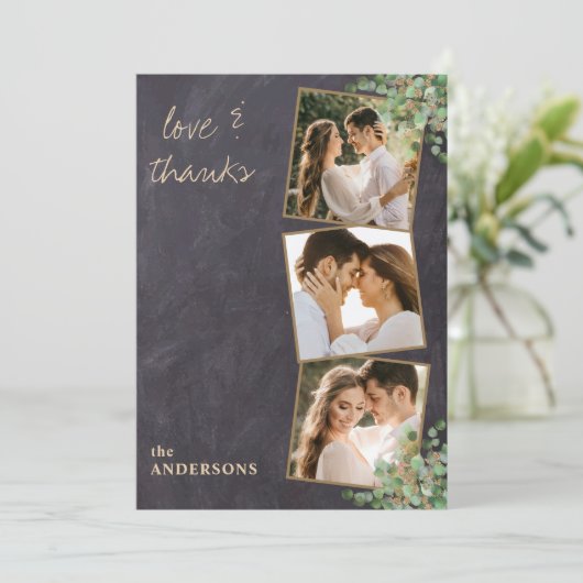 Carte De Remerciements Love & Thanks Rustic 3 Photo Gold Mariage (Debout devant)