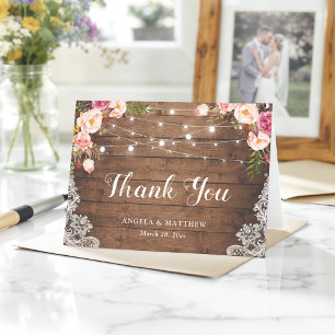 Carte De Remerciements Lumières de corde en dentelle florale rose rustiqu
