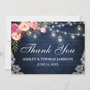 Carte De Remerciements Lumières de jarre florales roses en bois bleu de m