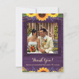 Carte De Remerciements Lumières en bois violet rustique Tournesol Mariage