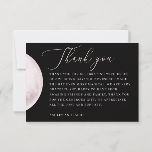 Carte De Remerciements Lune blanche | Design élégant de script Mariage no (Devant)