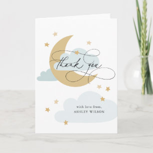 Carte De Remerciements Lune et étoiles Matte Blue Script Baby shower Merc