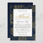 CARTE DE REMERCIEMENTS LUX ELEGANT MARINE OR ROSE FLORAL BAT BAR MITZVAH (Devant / Derrière)